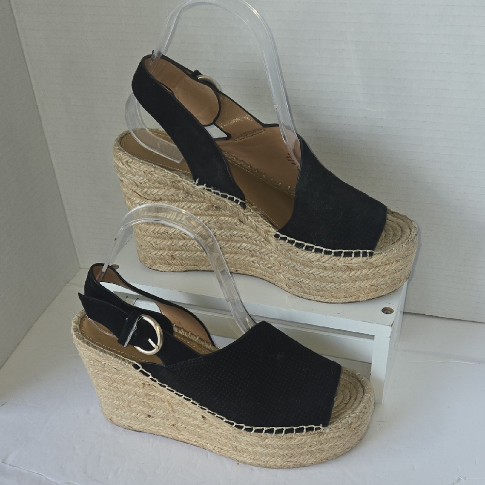 Marc Fisher Ltd Andela slingback espadrille wedge in black suede Sz 7.5 Boho EUC
